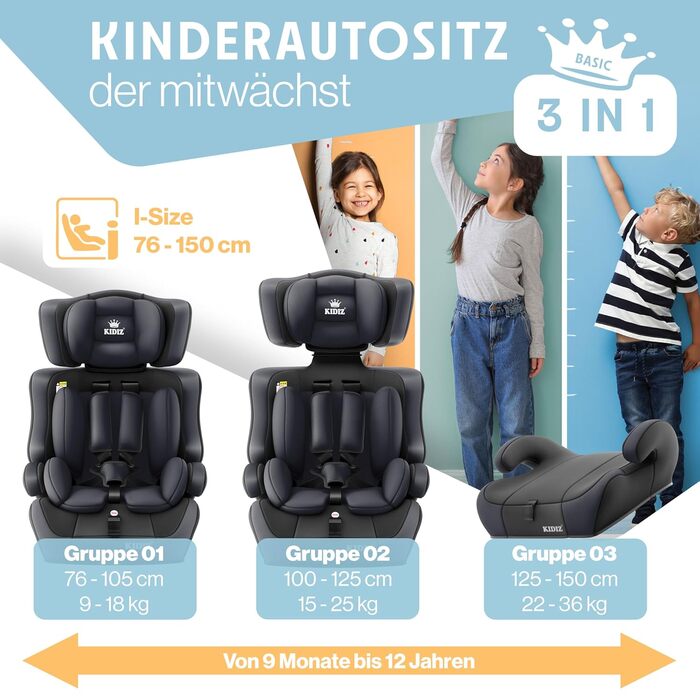 Автокрісло KIDIZ® 1+2+3 для дітей 9-36 кг з 5-точковим ременем безпеки, регульованою підголівником (антрацит)