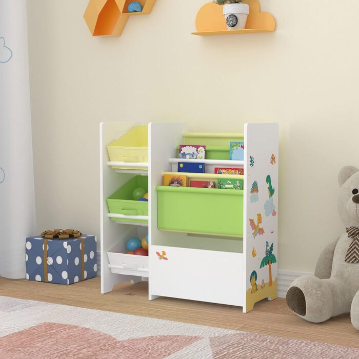 Дитячий стелаж для іграшок і книг en.casa Vimianzo, 4 полиці, 3 складані коробки, органайзер для дитячої кімнати, динозавр, білий/зелений/жовтий