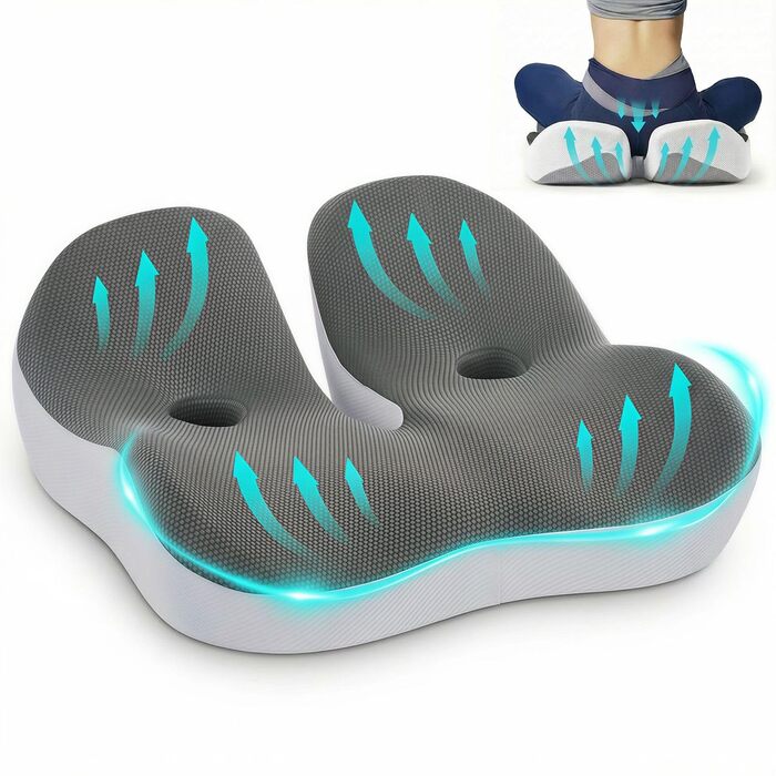 Ортопедична подушка для сидіння на стілець та в авто з Memory Foam - підтримка куприка, зняття болю при ішіасі, сіра