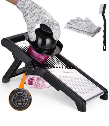 Овочерізка Mandoline 5-в-1 професійна, регульована, нержавіюча сталь для овочів, фруктів та гурки з рукавичками та щіткою