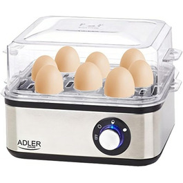 Електрична яйцеварка ADLER EUROPE AD-4486, 1-8 яєць, 500 Вт, нержавіюча сталь, автоматичне вимкнення, захист від перегріву, срібляста