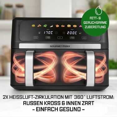 Аерофритюрниця GOURMETmaxx AirGenius 10Л з двома камерами (2x5Л), сенсорним керуванням та 10 програмами приготування, для 8 осіб