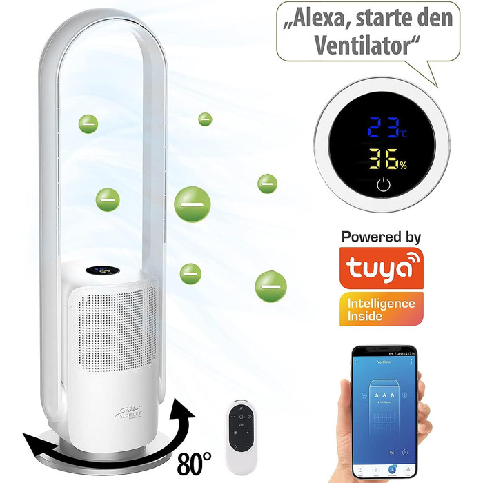 Безлопатевий турбовентилятор та очищувач повітря Sichler 2-в-1, 360°, HEPA, Wi-Fi, керування через додаток, 35 Вт – баштовий вентилятор з таймером для дому
