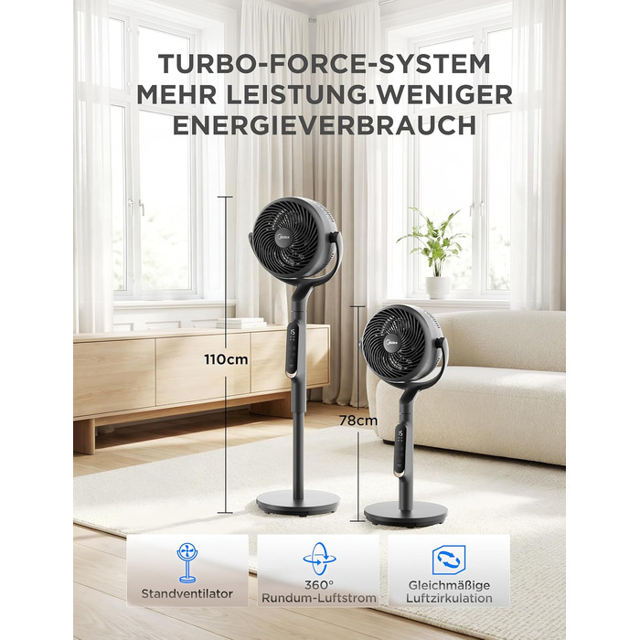 Вентилятор підлоговий Midea FS40-23MR з пультом, 3 швидкості, телескопічна висота, поворот 90°, чорний