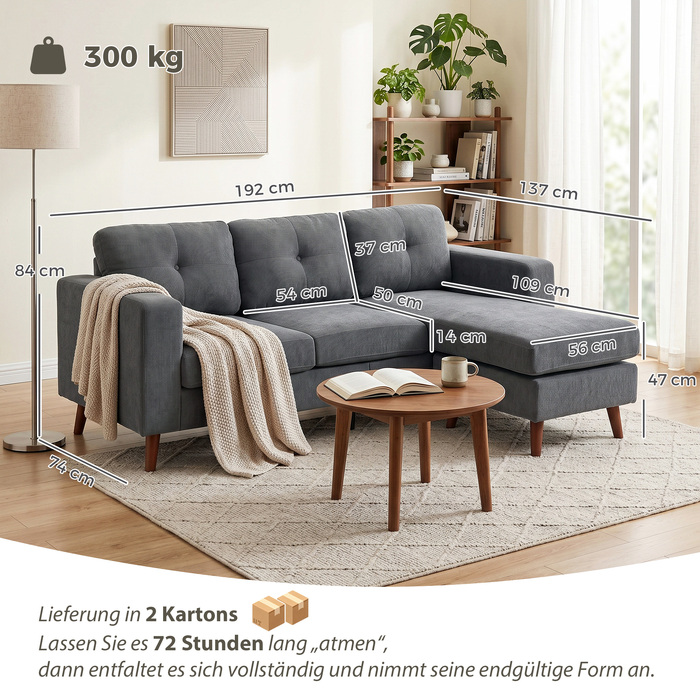 Кутовий диван Ecksofa 192 см, 3-місний, з реверсивним шезлонгом, вельвет, темно-сірий