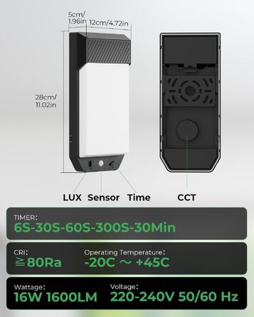 Набір вуличних світильників LOTMOS з датчиком руху, 16W, 1600LM, 3 кольори світла (3000K/4000K/6500K), IP65 вологозахищені настінні лампи з таймером для тераси та входу, чорні, 2 шт (28x12x5 см)