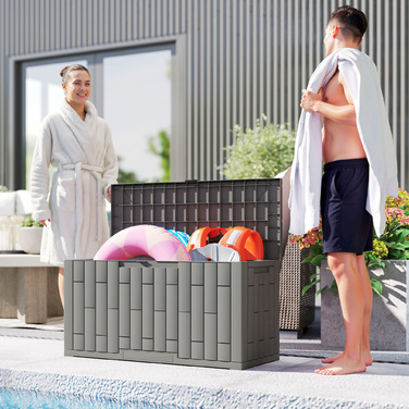 Водонепроникний садовий ящик Gartenbox 227 л з замком, стійкий до УФ-випромінювання, з деревним декором, 106,5x43x54,5 см, сірий