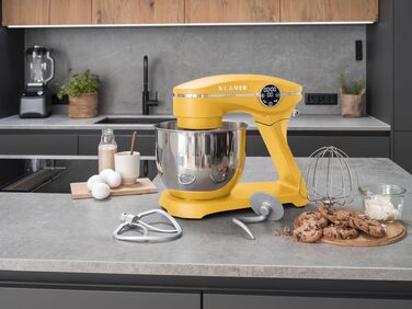 Кухонний комбайн KLAMER 1800W: планетарний міксер для тіста з чашею з нержавіючої сталі 6л, 10 швидкостей, таймером та набором насадок (Premium Yellow)