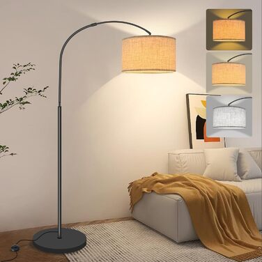 Торшер Fortand для вітальні, LED 12W, 3 режими, з абажуром з льону, ретро-стиль, стійка лампа для читання, E27, з ножним вимикачем, для спальні та вітальні