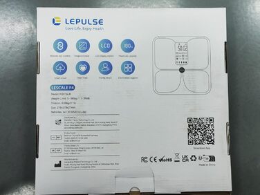Розумна вага Lepulse Lescale F4 з аналізом жиру та м'язової маси, 15 показників тіла, ультраточна, великий дисплей, чорна