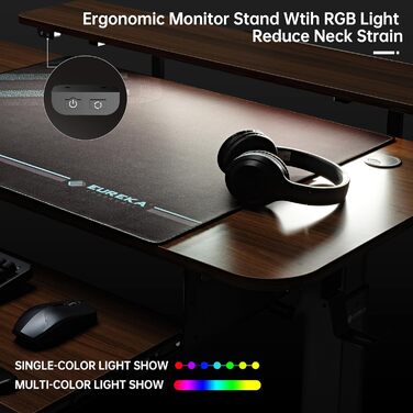 Електричний кутовий стіл для геймінгу EUREKA ERGONOMIC 155x110 см, з регулюванням висоти, клавіатурною полицею, LED-підставкою для монітора, лівий, колір горіх