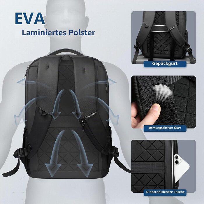 Діловий рюкзак для чоловіків з відділенням для ноутбука 15.6 дюймів, водонепроникний, чорний