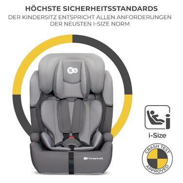 Дитяче автокрісло Kinderkraft COMFORT UP i-Size 76-150 см, сіре, 5-точковий ремінь, регульований підголівник, стандарт ECE R129/03