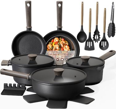 Набір посуду Astercook 19 предметів: антипригарні каструлі та сковорідги з титановим покриттям для індукційних плит, без ПФОА та ПТФЕ, чорний