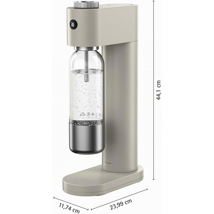 Автоматичний сифон для води WMF Element One з нержавіючої сталі, 3 рівні газування, компактний содамейкер, колір Moon Dust