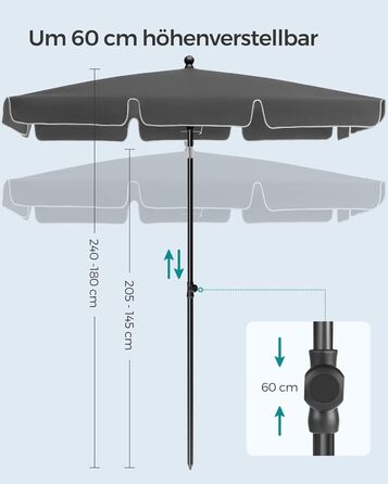 Сонячна парасоля SONGMICS 200x125 см, UPF 50+, регульована висота, двосторонній нахил 30°, для балкона, саду, з чохлом, без підставки, сіра