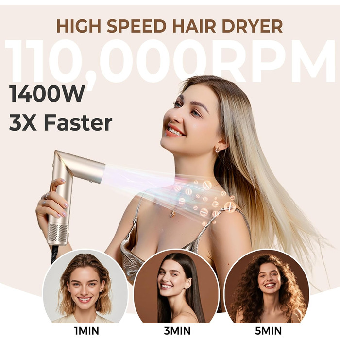 UKLISS Hairstyler Airstyler 8-в-1: Фен-щітка, випрямляч, плойка, насадки для об'єму та іонізація - Швидке сушіння для всіх типів волосся, колір шампань