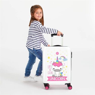 Дитячий валізка Roll Road Little Me, біла, єдиноріг, 37x55x20 см, ABS-пластик, кодовий замок, 32 л, 2,5 кг, 4 подвійні колеса, ручна поклажа