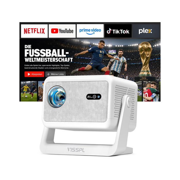 Проектор VISSPL 4K Mini Beamer 3000 ANSI Люмен, Wi-Fi 6, Bluetooth, Full HD 1080P, Автофокус, Корекція трапеції, для дому та вулиці (білий)