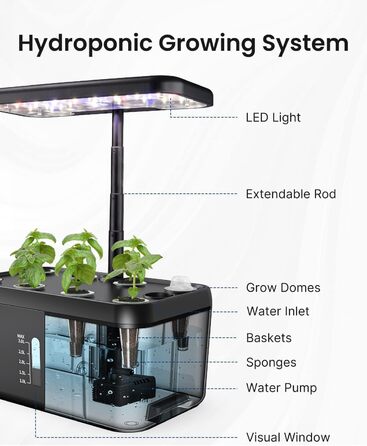 iDOO Система гідропоніки Smart Garden 8 Pods: Розумний сад для вирощування трав та овочів вдома, LED лампа, автоматичний таймер, регульована висота, чорний