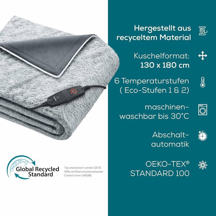 Електрична грілка-ковдра Beurer HD 75 Nordic Grey Green Planet, з переробленого матеріалу, 6 температурних режимів, м'яка, автоматичне вимкнення, 180x130 см