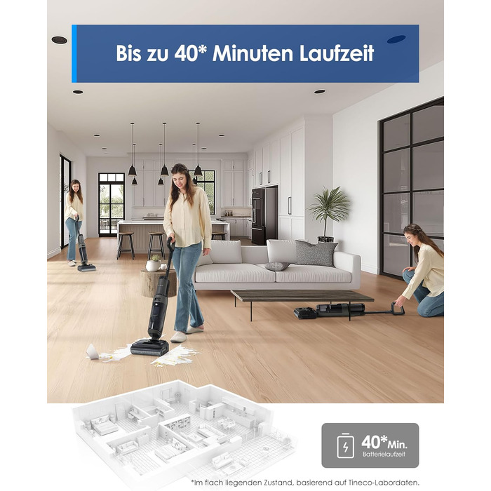 Tineco Floor ONE i6 Stretch: Акумуляторний миючий пилосос 2-в-1 з гарячим повітрям для сухого та вологого прибирання, 20 кПа, для шерсті тварин