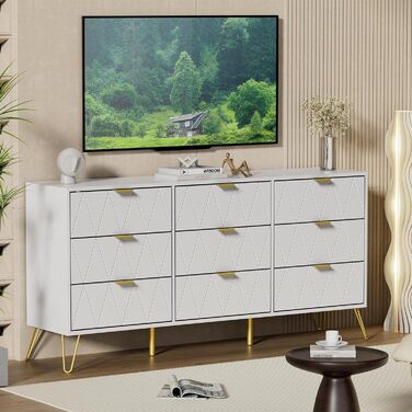 Комод UEV з 9 шухлядами 150x34x74 см, сучасний білий шафа-сайдборд для вітальні, спальні, передпокою