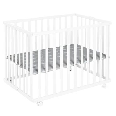 Дитячий манеж roba складаний, білий, дерево, з матрацом Little Stars, 74x100 см, компактний, на колесах