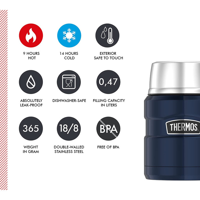 Термос для їжі Thermos Stainless King 470 мл з ложкою, нержавіюча сталь, зберігає тепло 6 годин/холод 24 години, герметичний, для супу та мюслі, підходить для посудомийної машини, Midnight Blue