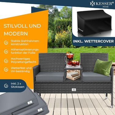 Садовий диван KESSER® з ротангу на 2 особи з вбудованим столиком, 143×63×88 см - стійкий до погодних умов, комплект з подушками та чохлами, антрацит