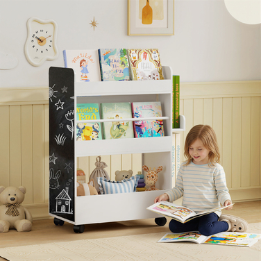 Дитяча полиця для книжок Kinder з 4 полицями, нижньою секцією, 2 бічними панелями, дощечкою для малювання, колесами, для дітей 3–8 років, 66,5 x 32,5 x 86,5 см, білий