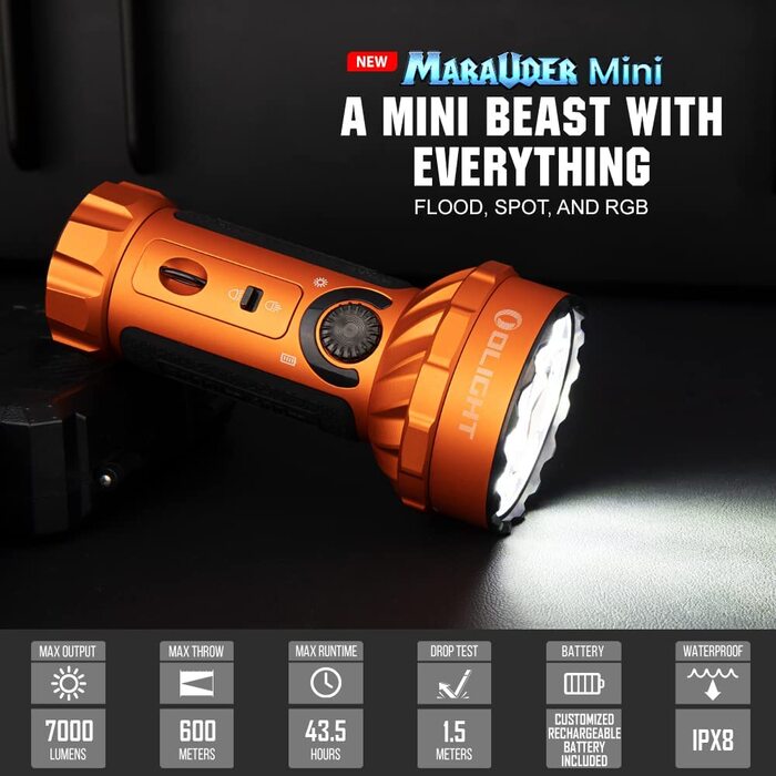 Ліхтарик OLIGHT Marauder Mini LED 7000 люменів, 600 м, перезаряджуваний, з дальнім і розсіяним світлом, 3 кольори LED, датчик відстані, для активного відпочинку, помаранчевий