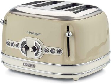 Тостер Ariete Vintage 156, 4 тостера, ретро стиль, 6 режимів, автоматичний викид, функція розморожування, знімний піддон для крихт, корпус з нержавіючої сталі, 1600 Вт, бежевий