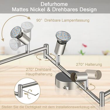 Стельовий LED світильник Defurhome на 6 спотів, поворотна сучасна люстра (матовий нікель) для кухні, вітальні та спальні, включаючи 6 ламп GU10 4W (теплий білий), сріблясто-сірий