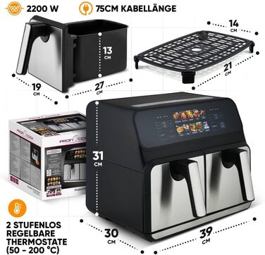 Аерофритюрниця ProfiCook 8 л з двома камерами, 2200 Вт, подвійна, без олії, кольоровий дисплей, модель 2024, чорна-нерж.