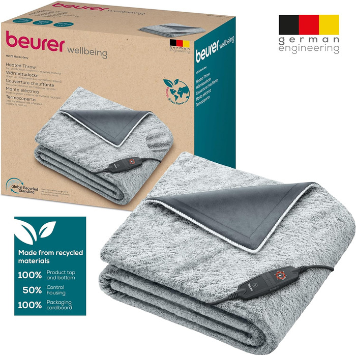 Електрична грілка-ковдра Beurer HD 75 Nordic Grey Green Planet, з переробленого матеріалу, 6 температурних режимів, м'яка, автоматичне вимкнення, 180x130 см