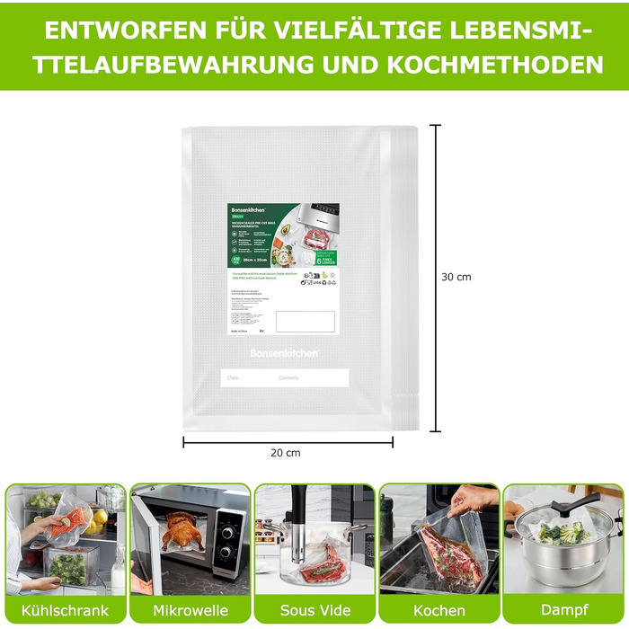 Пакети вакуумні Bonsenkitchen Profi 20x30 см (100 шт) для харчових продуктів, Sous Vide, BPA-free