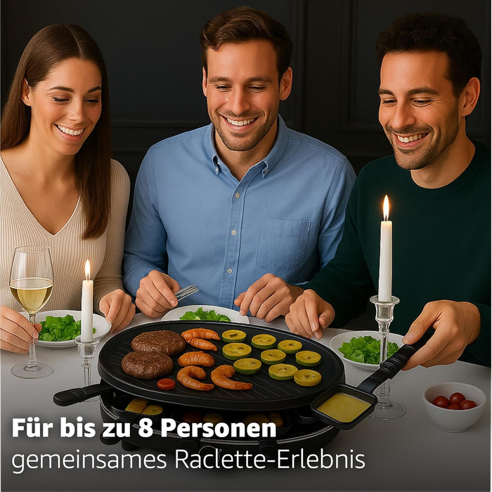 Набір для раклету 8er Raclette - гриль для столу з антипригарними сковорідками та скребком, гранітна та антипригарна пластини (круглий)