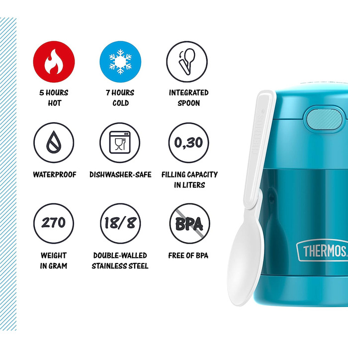 Дитячий термос для їжі THERMOS FUNTAINER 0,3 л, бірюзовий, з ложкою, для супу, мюслі, зберігає тепло 5 годин, холод 7 годин, герметичний