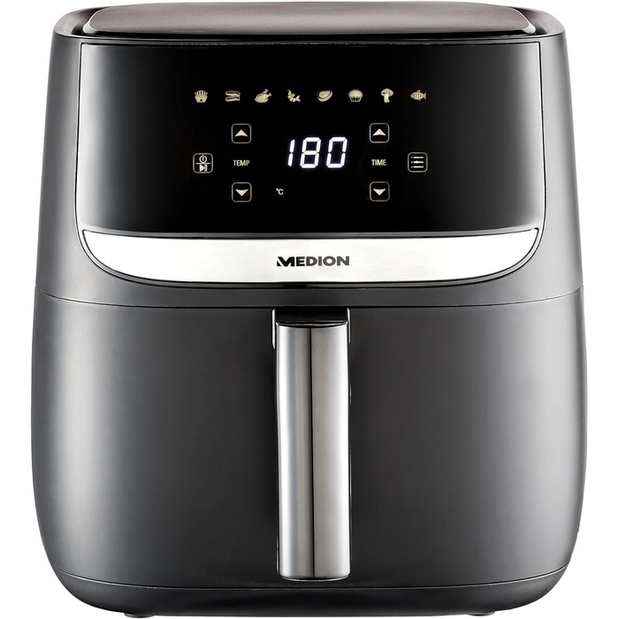 Аерофритюрниця MEDION E50 XL, 5,7 л, 1700 Вт, цифрова панель, 8 програм, без олії, таймер 30 хв, захист від перегріву, чорна