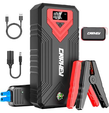 Бустер для авто CARHEV Jump Starter 3000A — Пусковий пристрій з LCD-дисплеєм для бензинових (до 8л) та дизельних (до 8л) двигунів, 12V Powerbank з USB швидкою зарядкою та LED-ліхтарем
