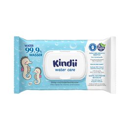 Дитячі вологі серветки Kindii Water Care на водній основі (99,9% води), біорозкладні, 100% віскоза, без пластику, 60 шт.
