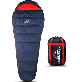 Спальний мішок MOUNTREX мумія 3 сезони, 1500 г, ультралегкий, компактний, для кемпінгу, подорожей та фестивалів, темно-синій/червоний, утеплений, з'єднуваний, правий замок