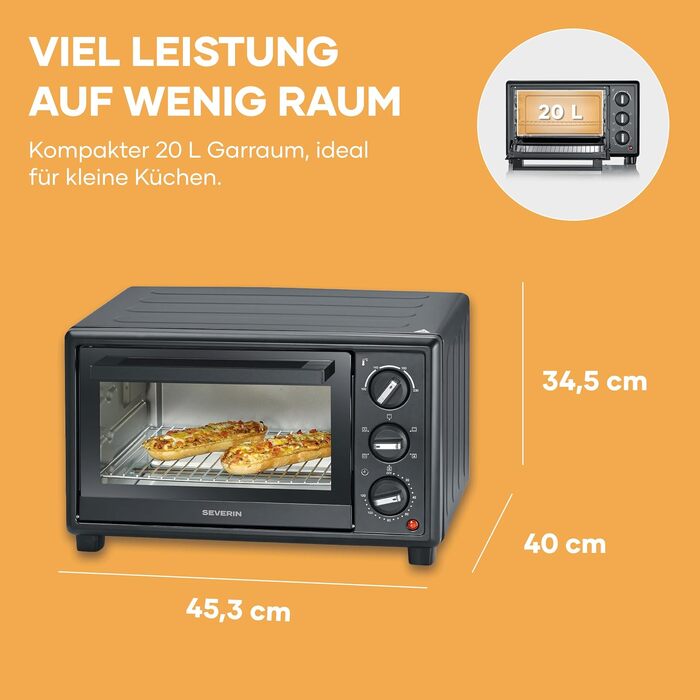 Міні-піч Severin Bake&Toast TO 2078, 20Л, 1600Вт, з конвекцією, таймером, каменем для піци та вертелом, чорна