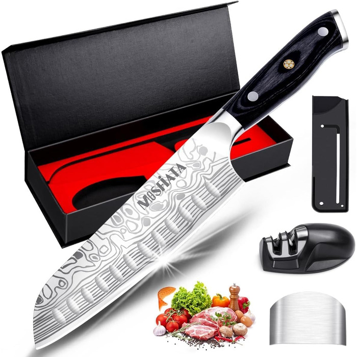 Ніж кухарський MOSFiATA Santoku, професійний ніж для кухні, універсальний ніж з нержавіючої сталі, дуже гостре лезо, з подарунковою коробкою 7