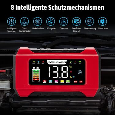 Зарядний пристрій для акумулятора HAUSPROFI 15A 12V/24V з функцією ремонту та підтримання заряду, 9-ступінчаста зарядка, LCD-дисплей для авто, вантажівки, мотоцикла, човна. Підходить для акумуляторів: свинцево-кислотних, AGM, EFB, LiFePO4