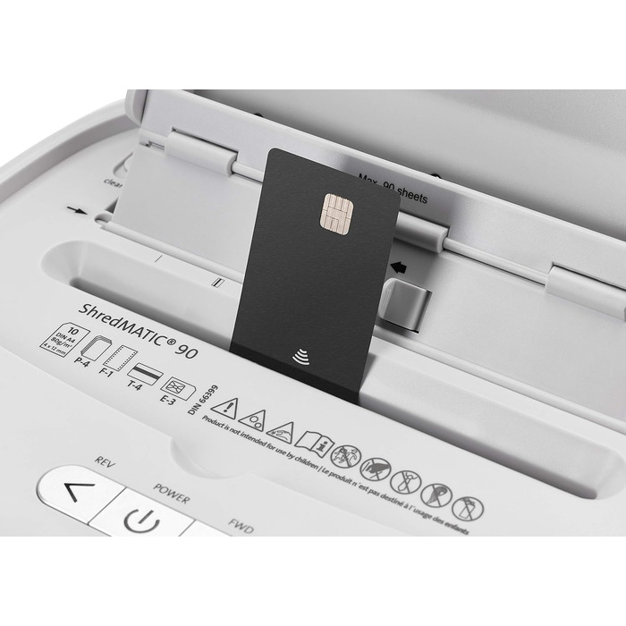 Шредер Dahle ShredMATIC 90 з автоподачею паперу (90 аркушів, P-4, шредер частинами, без масла та обслуговування, автоматичний втягувач) світло-сірий/сірий, рівень безпеки P4, 90 аркушів