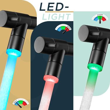 Змішувач кухонний FORIOUS чорний матовий, нержавіюча сталь, з LED підсвіткою та подвійним режимом струменя