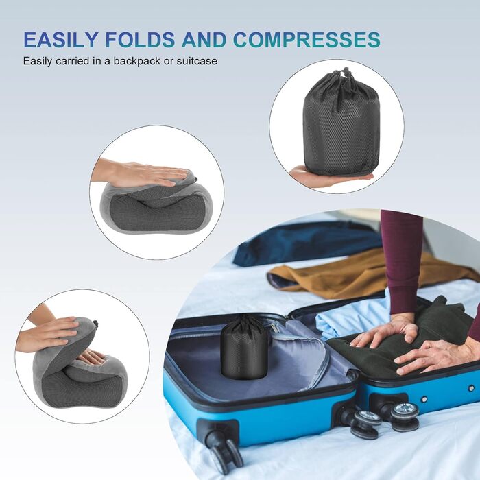 Ергономічна дорожня подушка для шиї Eono з ефектом пам'яті (Memory Foam) у комплекті з маскою для сну, берушами та сумкою, темно-сіра