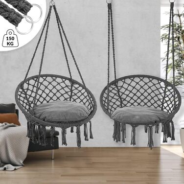 DETEX® Гамак-крісло підвісне до 150 кг, Boho стиль, стійке до погодних умов, сертифікат GS, для саду, 360° обертання, антрацит, для дому та вулиці, з зручною подушкою